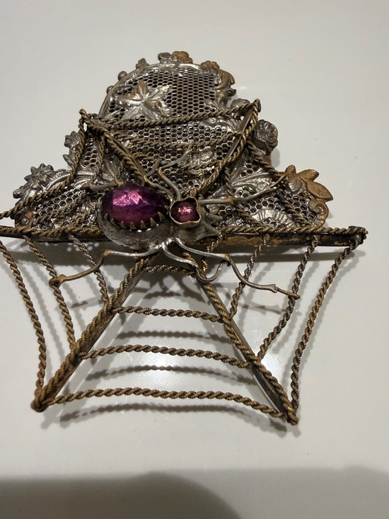 Vintage Metal Filigree Brooch with Purple Stone